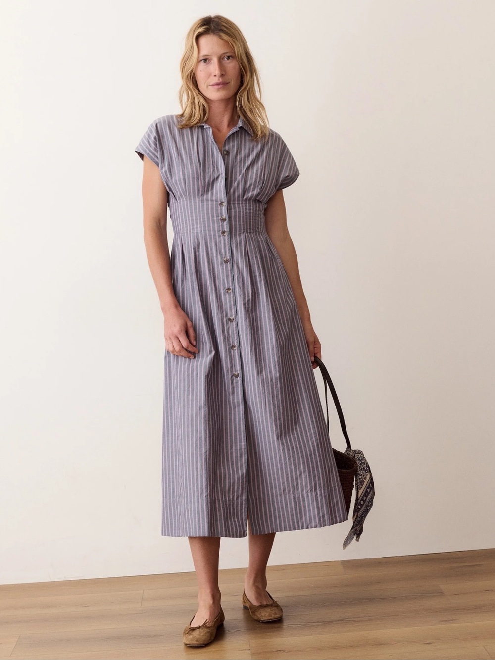 Marine Layer Arden Midi Dress - Extra Small / Navy & Lilac Stripe NWT XS - Picture 2 of 5